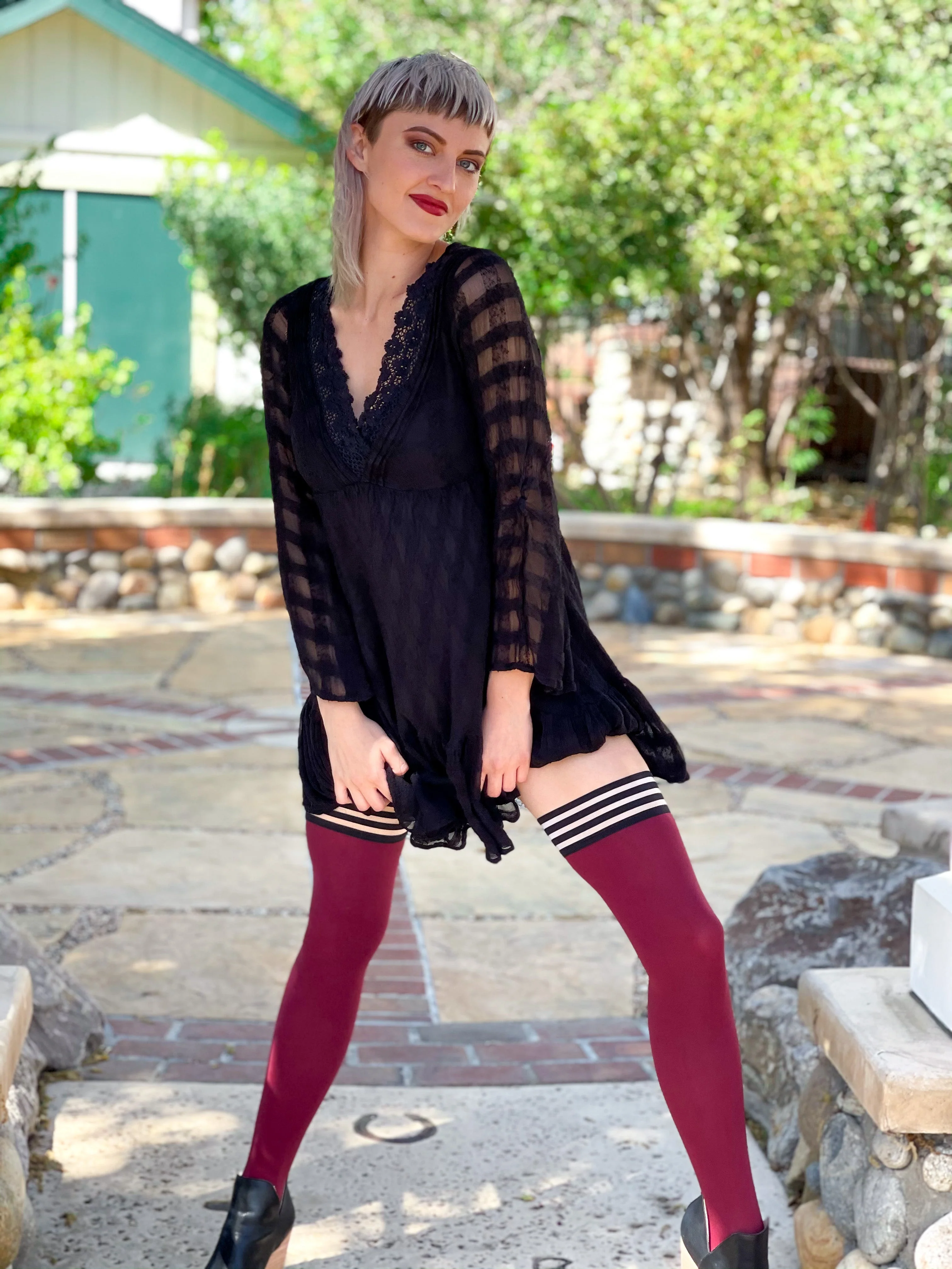 Heather: Cabernet Opaque Thigh Highs. Petite to Plus Size - Image 8