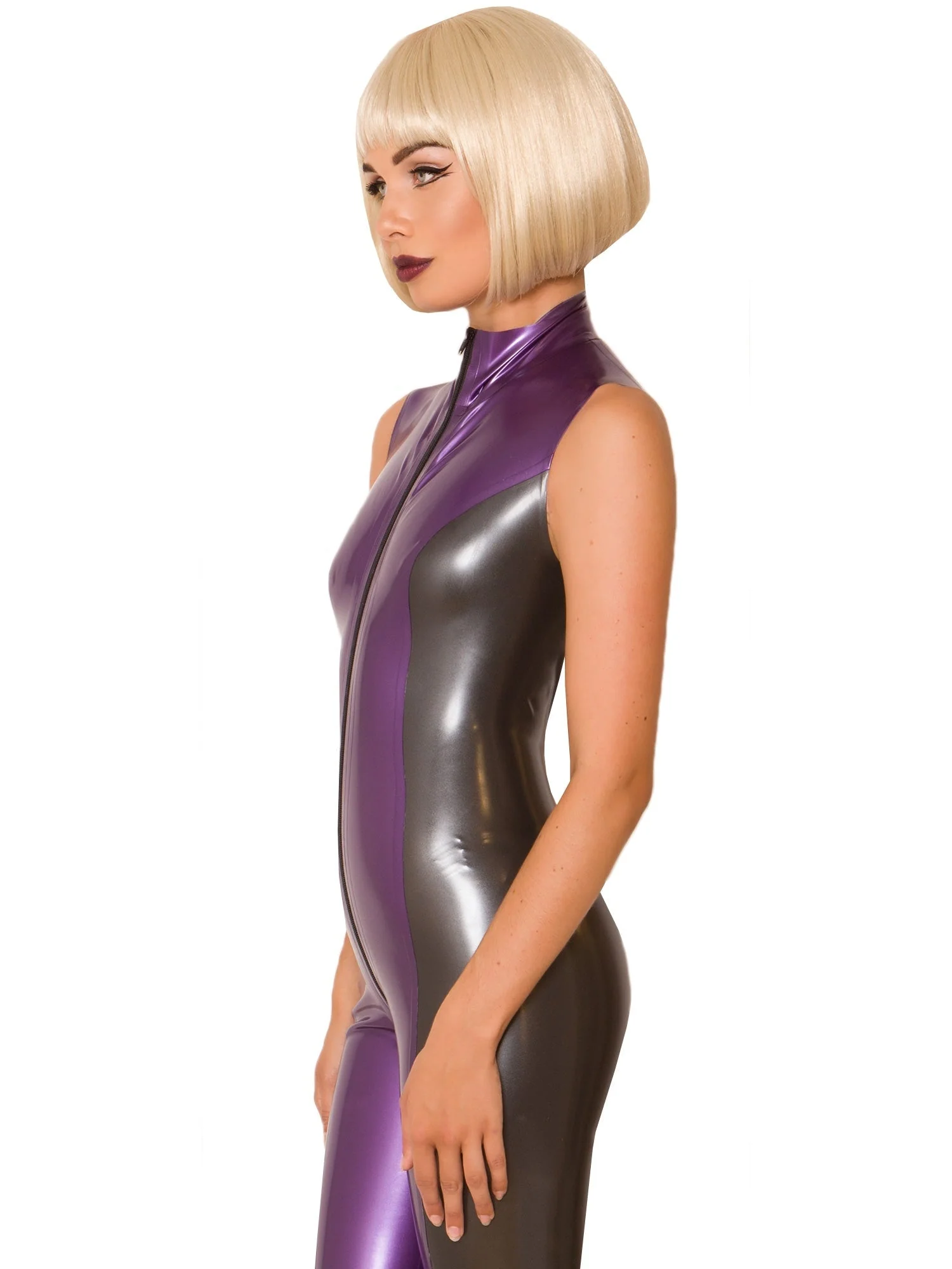 Latex/Rubber Purple & Grey Sleeveless Catsuit - Image 3