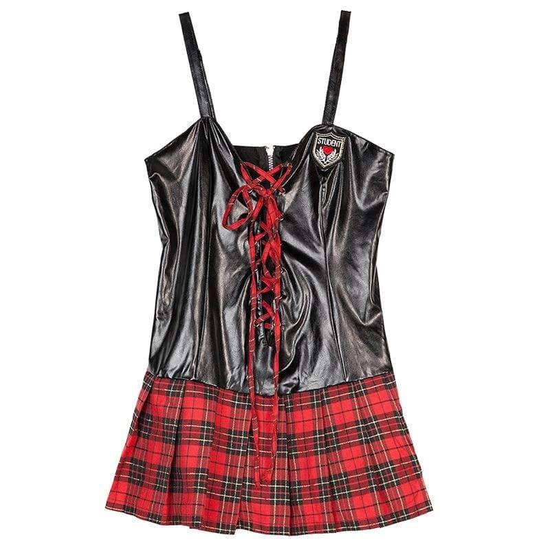 Student Plus Size - Faux Leather and Plaid Skirt Erotic Costumes Sex Uniform XL - Image 10